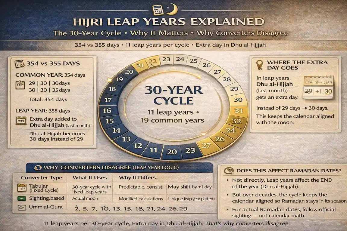 Hijri leap year explained in the tabular Islamic calendar: 30-year cycle, 354 vs 355 days, Dhu al-Hijjah extra day, and converter accuracy differences
