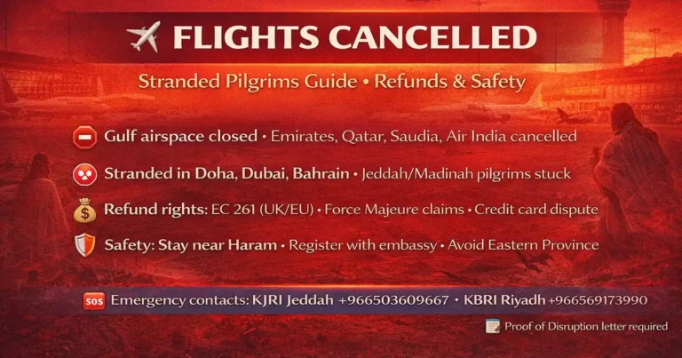 Umrah Flights Cancelled: Stranded Pilgrims Guide to Refunds & Safety (2026 Crisis) 11 Umrah flight disruptions in 2026 with Saudi airport steps for stranded pilgrims, rebooking or refund actions, travel insurance and airline support checks, and safety guidance for UK EU and US travelers