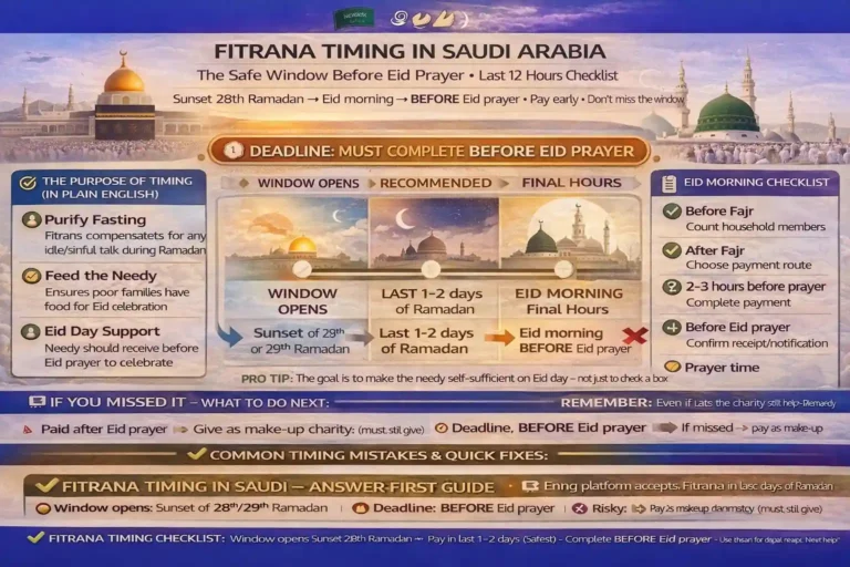 When to pay Zakat al Fitr in Saudi Arabia with Eid morning deadline timeline, Fajr to Eid prayer safe window, last night of Ramadan checklist, early payment planning, late after prayer what to do, and distribution timing reminders