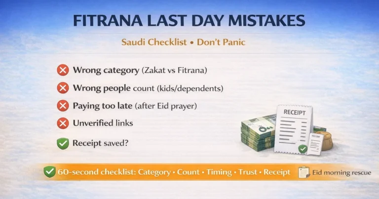 Saudi last day Ramadan Fitrana checklist covering wrong donation category selection, wrong household people count, paying too late for distribution, unverified donation links, food measurement errors for sa’, Eid morning rush fixes, receipt proof steps, and quick prevention reminders