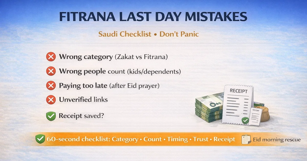 Saudi last day Ramadan Fitrana checklist covering wrong donation category selection, wrong household people count, paying too late for distribution, unverified donation links, food measurement errors for sa’, Eid morning rush fixes, receipt proof steps, and quick prevention reminders