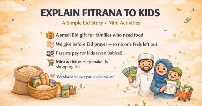Zakat al Fitr for kids in a Saudi friendly Eid story with simple charity lesson, Ramadan giving activities for children, family discussion prompts, food basket roleplay, intention and quiet giving habits, and timing before Eid prayer explained
