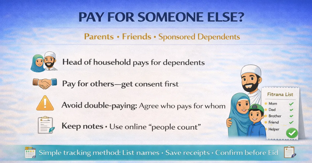Zakat al Fitr on behalf payment in Saudi for parents, friends, and sponsored dependents with intention wording, people count tips, receipt proof, coordination to avoid double payment, and Eid deadline tracking method