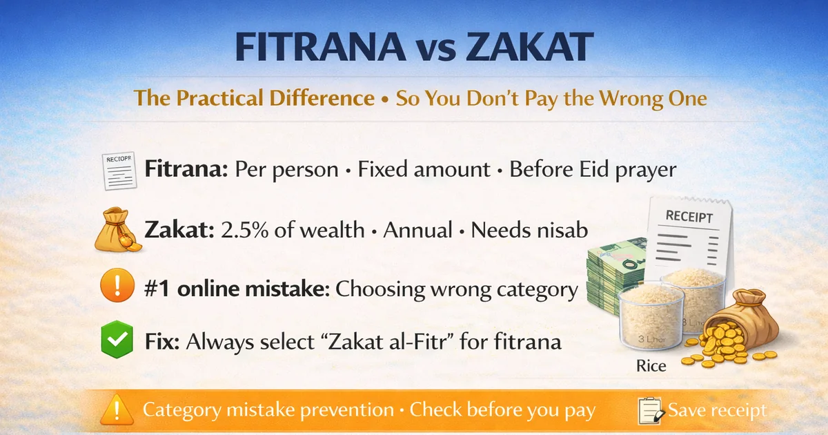 Zakat al Fitr vs annual zakat difference explained with Eid timing before prayer, per person household obligation vs wealth based giving, nisab concept overview, donation category labeling tips, receipt checks, and online mistake prevention so you don’t select the wrong charity category