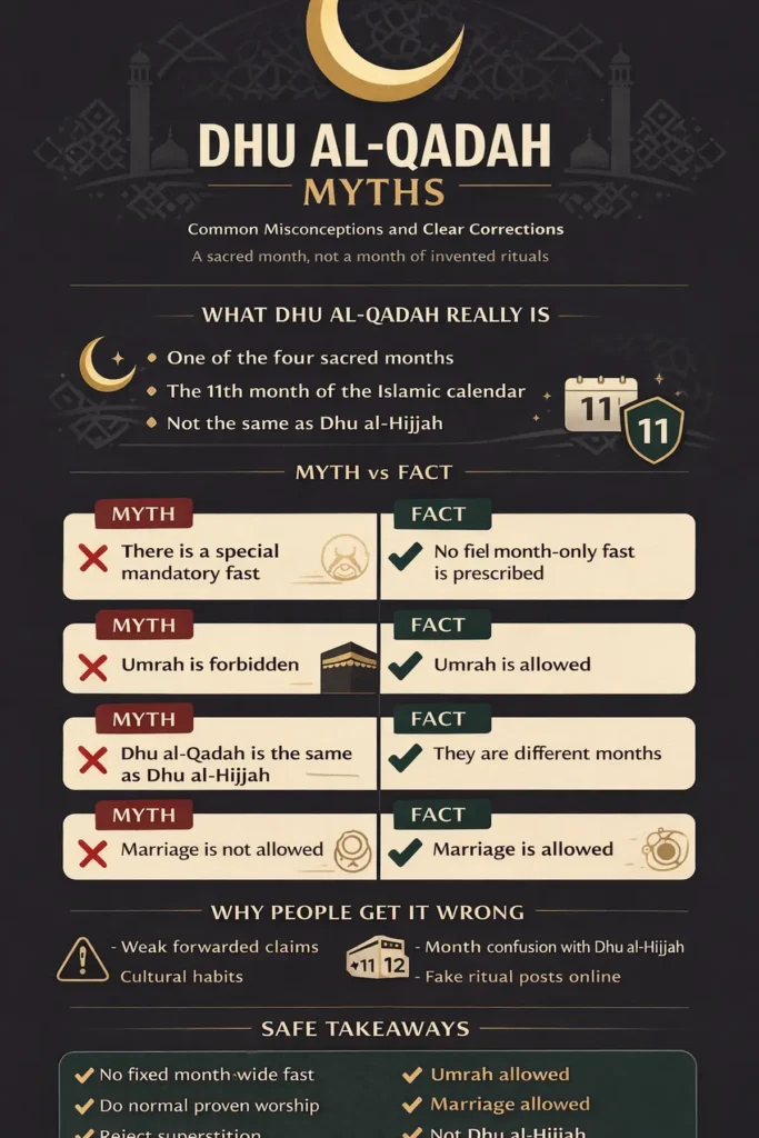 Common Misconceptions About Dhu al-Qadah 2 Infographic myth vs fact checklist covering fasting claims, Umrah timing confusion, marriage superstition, invented rituals, and practical sacred-month behavior for everyday Muslims