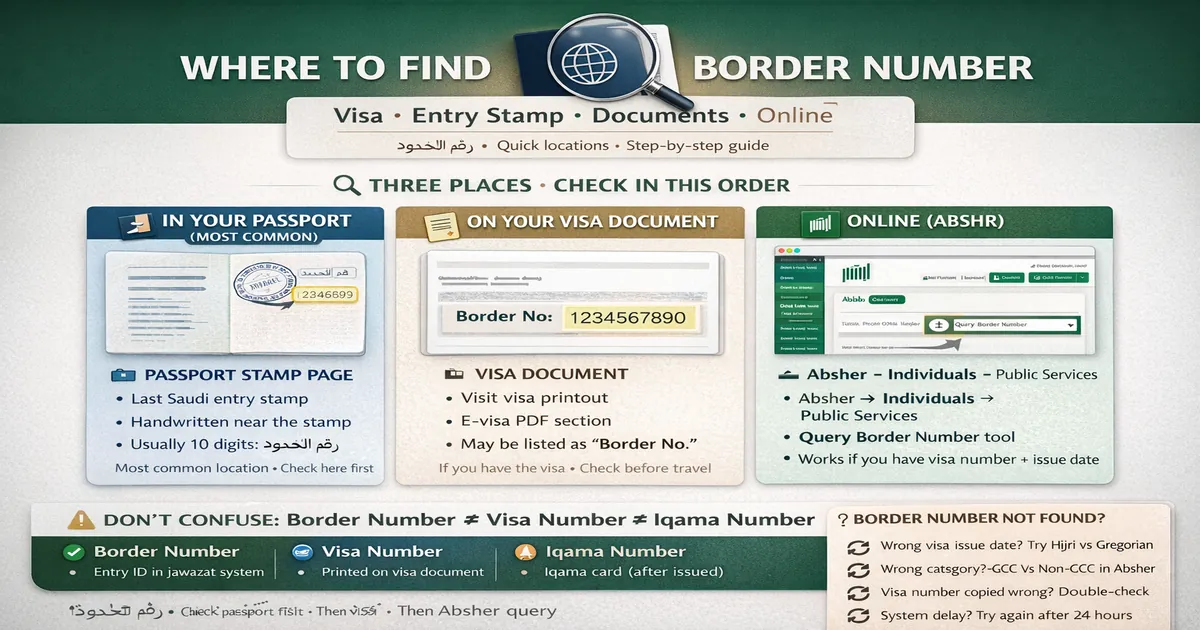 Where to Find Your Border Number (Visa, Entry Stamp, or Documents) 1 Absher Individuals Query service to find Jawazat entry ID from passport entry stamp or visa printout, with GCC vs non GCC selection and “not found” troubleshooting steps