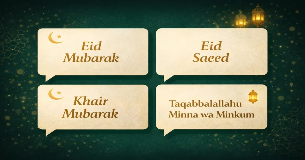 Arabic Eid wishes with English meanings, Gulf greeting phrases, pronunciation-friendly lines, and copy-paste WhatsApp and SMS messages for Eid (2026)