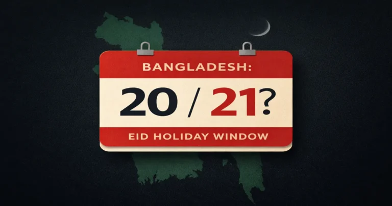 Bangladesh moon sighting update with March 20 vs March 21 Eid date scenario, government holiday window, general holiday day, Dhaka eid jamaat timing tips, Chand Raat shift note, and zakat al-fitr deadline (2026)