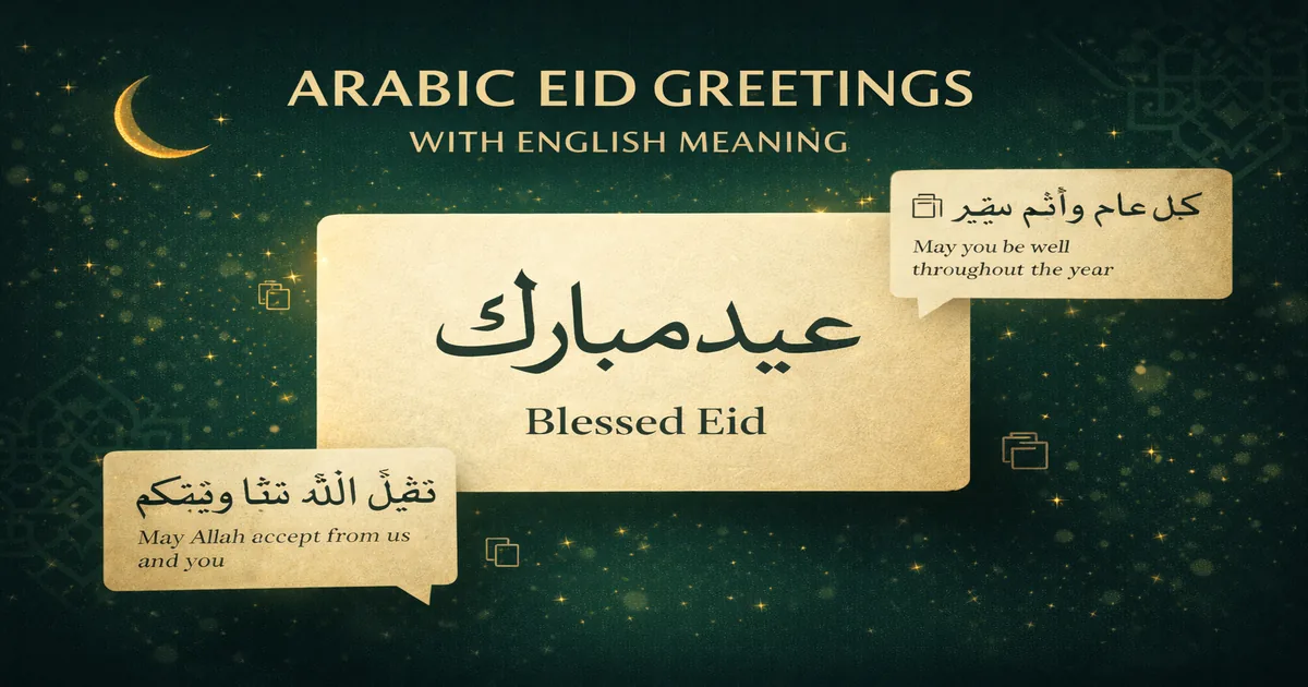 Arabic Eid greetings with English meaning 1 Bilingual Eid wishes guide with Arabic greeting phrases, English meanings, reply options, transliteration for non-Arabic speakers, and Eid al-Fitr vs Eid al-Adha usage (2026)
