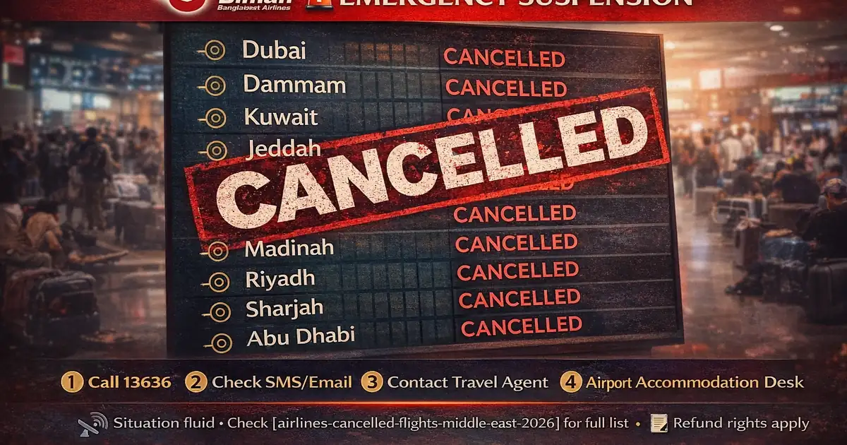 Biman Bangladesh suspension of Middle East flights in 2026 with cancelled route list, Gulf airspace closure impact, passenger rebooking or refund steps, airport updates, and safety guidance for stranded travelers