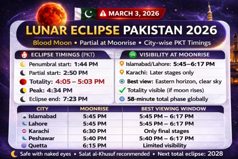 Blood Moon on March 3, 2026 with Pakistan PKT start peak end schedule, moonrise visibility for Karachi Lahore and Islamabad, best viewing window after sunset, safe watching tips without telescope, and eclipse prayer guidance for Salat al Khusuf