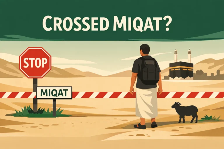 Miqat Violation Dam 8 Crossing the miqat without ihram explained with wajib sacrifice penalty in the Haram of Makkah, return-to-miqat correction step, and Jeddah/Makkah late ihram cases