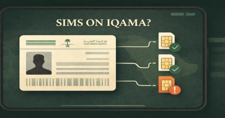 Check Sim Cards Registered on Iqama Saudi Arabia 13 CST service screen for verifying mobile numbers linked to an Iqama in Saudi Arabia, showing line ownership results, unknown numbers alert, and reporting steps (2026)