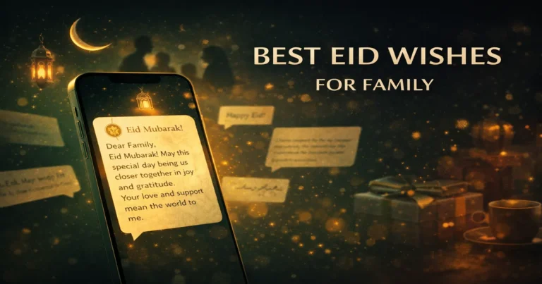 Eid Mubarak wishes for family with WhatsApp-ready lines, short heartfelt messages, dua greetings, and ideas for parents siblings kids in-laws and family group chat (2026)