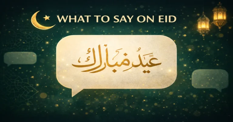 Eid greetings and reply phrases with Eid Mubarak responses, Khair Mubarak usage, Taqabbal Allahu minna wa minkum meaning, Arabic and English wish lines, and WhatsApp text examples (2026)