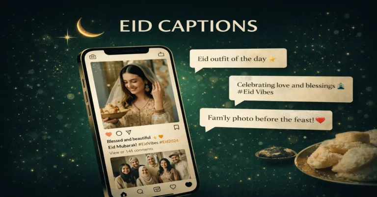 Eid captions for Instagram and Facebook with aesthetic minimal lines, family post wording, funny foodie captions (sheer khorma biryani eidi), and dua-style blessings for Reels and photos (2026)