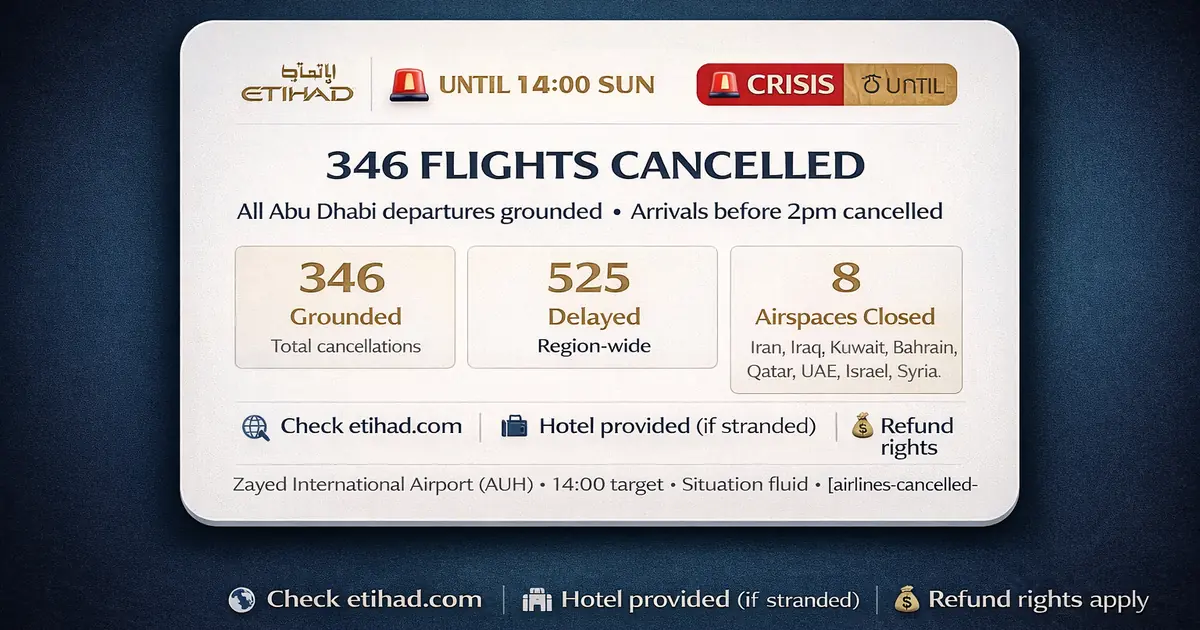 Etihad Abu Dhabi disruption update with departures paused until 14:00 UAE time Sunday and arrivals before then cancelled at Zayed International Airport, plus rebooking guidance, contact detail checks, and live flight status steps to avoid a wasted airport trip