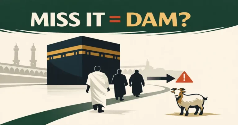 Tawaf al-Wida Dam 18 Farewell tawaf penalty guide for Hajj showing when a dam applies, exemptions for menstruation/postnatal bleeding, missing circuits rules, wudhu condition, returning to Makkah to drop penalty, and sacrifice details in the Haram