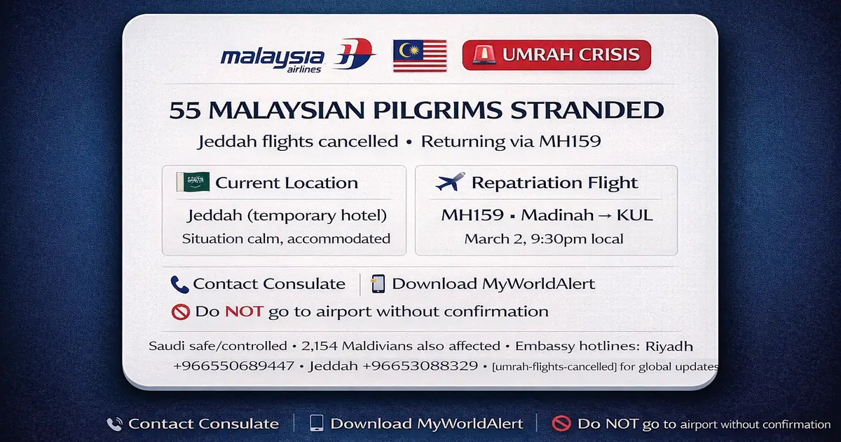 Gulf airspace closures strand Malaysian Umrah pilgrims in Jeddah with hotel accommodation, Madinah return flight update, Saudi airport guidance, consulate alert steps, flight status checks, and refund or rebook actions to avoid wasted airport trips