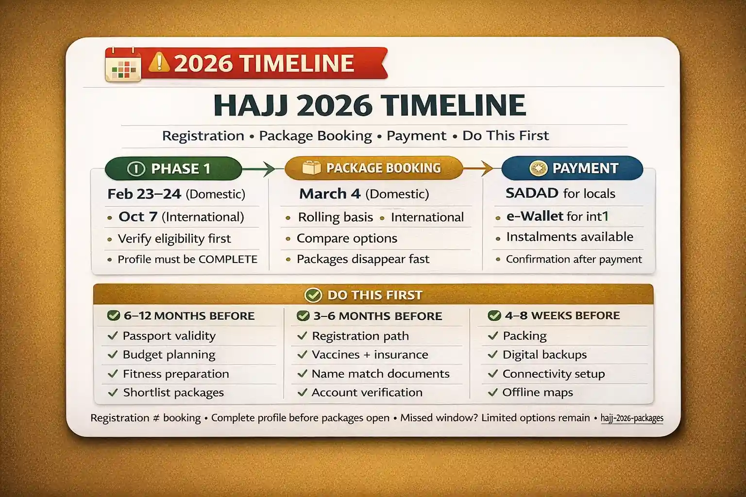 Hajj 1447 planning timeline with registration versus booking versus payment phases, domestic and international steps, profile verification and documents prep, package release alerts, booking day checklist, status tracking, and what to do if the payment window closes