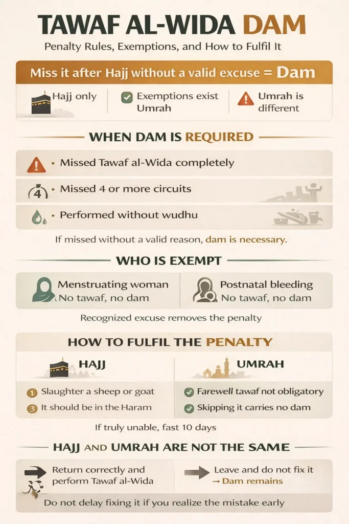 Tawaf al-Wida Dam 2 Infographic explaining farewell tawaf dam in Hajj: when it’s required, who is exempt, what cancels the penalty by returning, sacrifice steps (sheep/goat in Haram), meat distribution, and fasting alternative rules