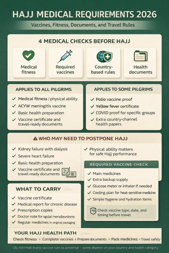 Hajj medical requirements 2026 with vaccine rules medical fitness checks health documents and medicines checklist