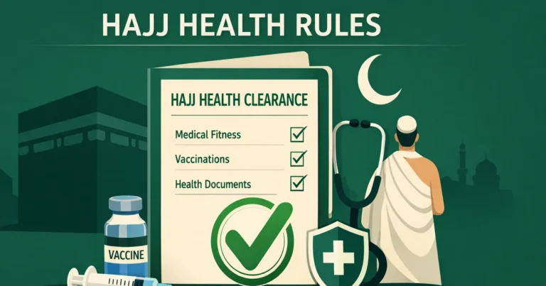 Saudi pilgrimage health entry checklist with ACYW meningitis requirement, polio and yellow fever country proofs, fitness screening, vaccine certificates, chronic illness reports, and medication packing list (2026)