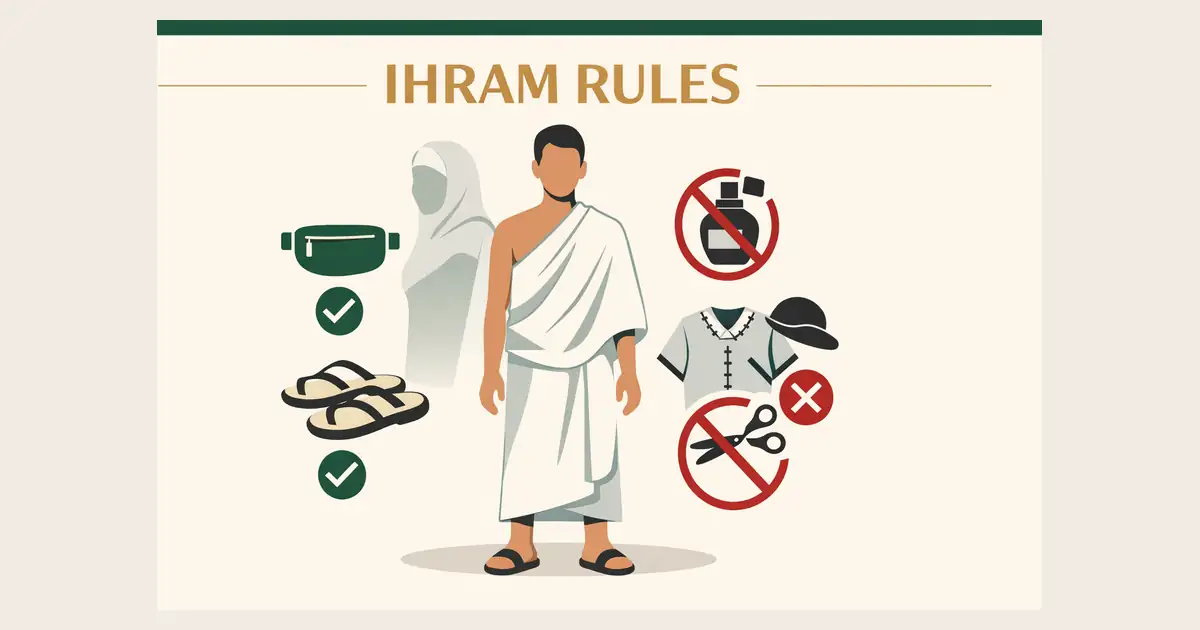 Ihram Rules For Hajj 1 Hajj ihram do’s and don’ts checklist with miqat entry timing, men and women clothing rules, prohibited actions, common mistakes, fidyah penalties, and when restrictions end (2026)