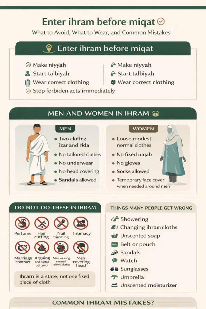 Ihram Rules For Hajj 2 Infographic checklist for Hajj ihram with miqat timing, men vs women clothing rules, key prohibitions, allowed items, common mistakes, fidyah notes, and release stages (2026)