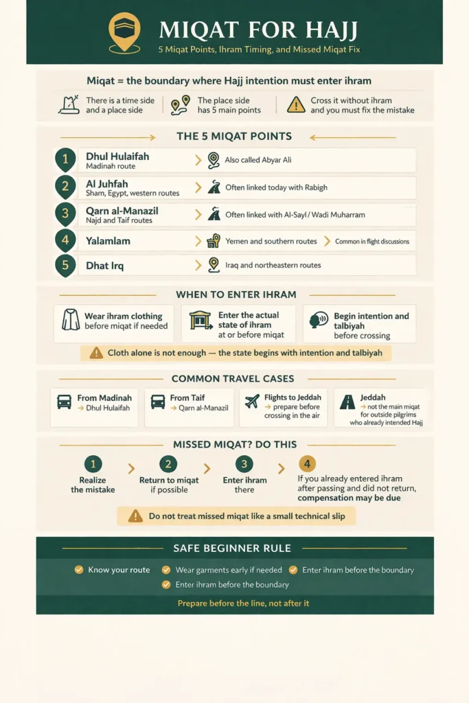 Miqat for Hajj guide showing the 5 main miqat points, ihram timing, common routes, and missed miqat steps