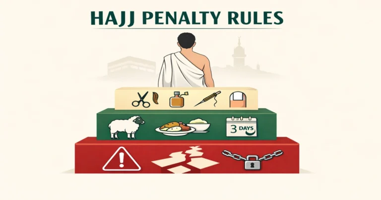 Kaffarah for Hajj 1 Guide to Hajj mistake penalties covering damm (sheep or goat sacrifice), feeding six poor people, fasting options, Ihram violation cases, missed wajib acts, and serious violations that can invalidate the pilgrimage