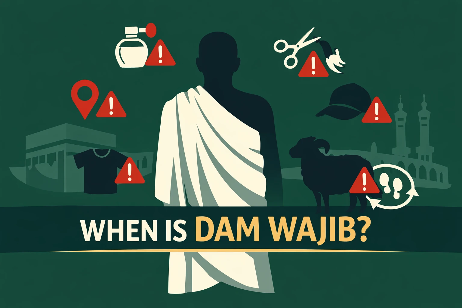 Guide to Hajj penalty sacrifice covering wajib triggers, ihram and miqat violations, tawaf and sa‘i mistakes, valid sheep/goat/cow/camel options, Haram boundary rules in Makkah, online service checks, meat distribution, and fasting alternatives when unaffordable