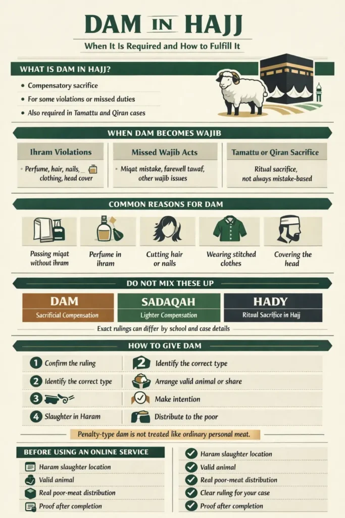 Infographic checklist showing when Hajj penalty sacrifice is required: ihram/miqat violations, missed wajib acts, tamattu/qiran sacrifice, animal options and shares, Haram boundary requirement in Makkah, online service verification, meat distribution, and fasting alternative steps