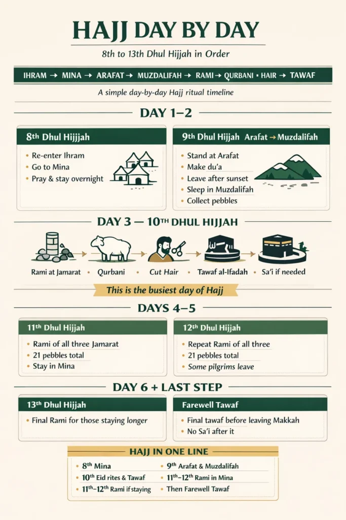 Day-by-day Hajj rituals infographic showing the sequence from Ihram to Mina, Arafat, Muzdalifah, Rami (pebbles), Qurbani, Tawaf al-Ifadah, Days of Tashreeq, and Farewell Tawaf (8th–13th Dhul Hijjah, 2026)