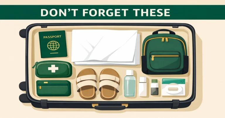 Hajj travel essentials checklist with documents, ihram clothing, footwear, unscented hygiene, medicines, hand luggage vs checked bag, and Mina Arafat Muzdalifah day-bag items (2026)