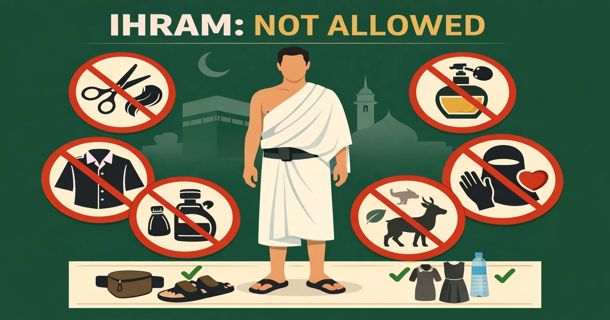 Guide to ihram restrictions for Hajj and Umrah showing prohibited actions, men vs women rules, fidya and dam penalty types, exceptions for need, and when restrictions end (2026)
