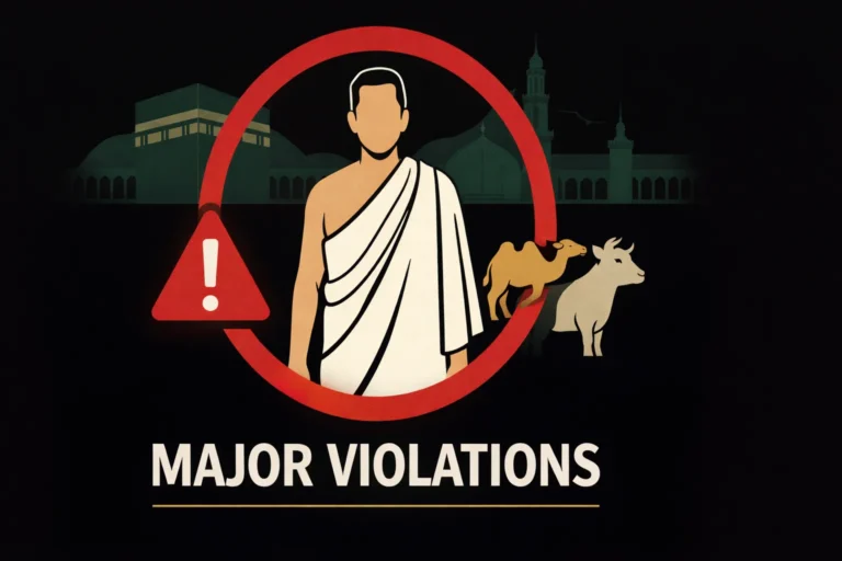 Badanah for Major Violations 12 Guide to severe Hajj and Umrah violations requiring a large sacrifice within the Haram boundary, including camel or cow option, Ihram breach cases, tawaf purity issues, and penalty comparison to damm and sadaqah