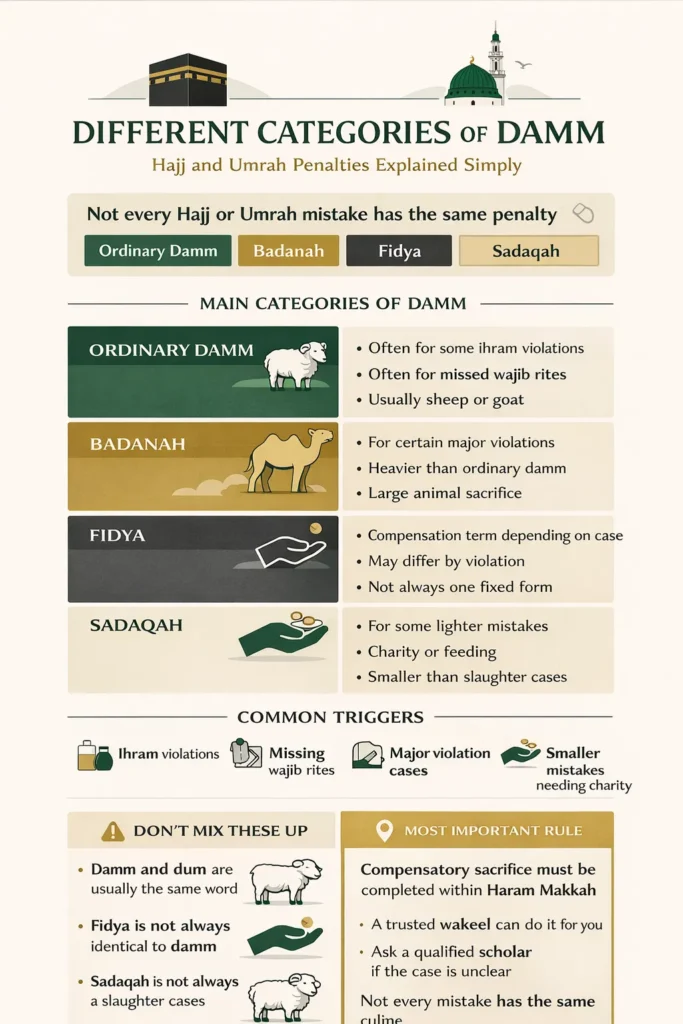 Hajj and Umrah penalties infographic summarizing ihram violations vs wajib omissions, when a sheep/goat is required, when badanah applies, and when fidya or sadaqah is used, plus Haram Makkah location rule and Adahi option