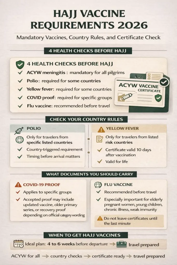 Hajj vaccine requirements 2026 with ACYW rule country-based polio yellow fever COVID proof and certificate timeline