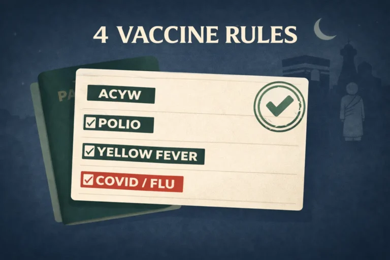 Saudi Ministry of Health immunization checklist for pilgrims with ACYW meningitis certificate rules, polio and yellow fever country requirements, COVID proof cases, and seasonal flu guidance for 2026 travel