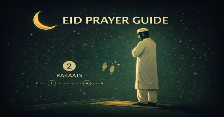 Eid prayer guide 13 How to pray Eid salah with 2 rakats, extra takbirs difference (Hanafi vs 7+5 method), no adhan or iqamah, prayer time after sunrise, home prayer steps, and common mistakes (2026)
