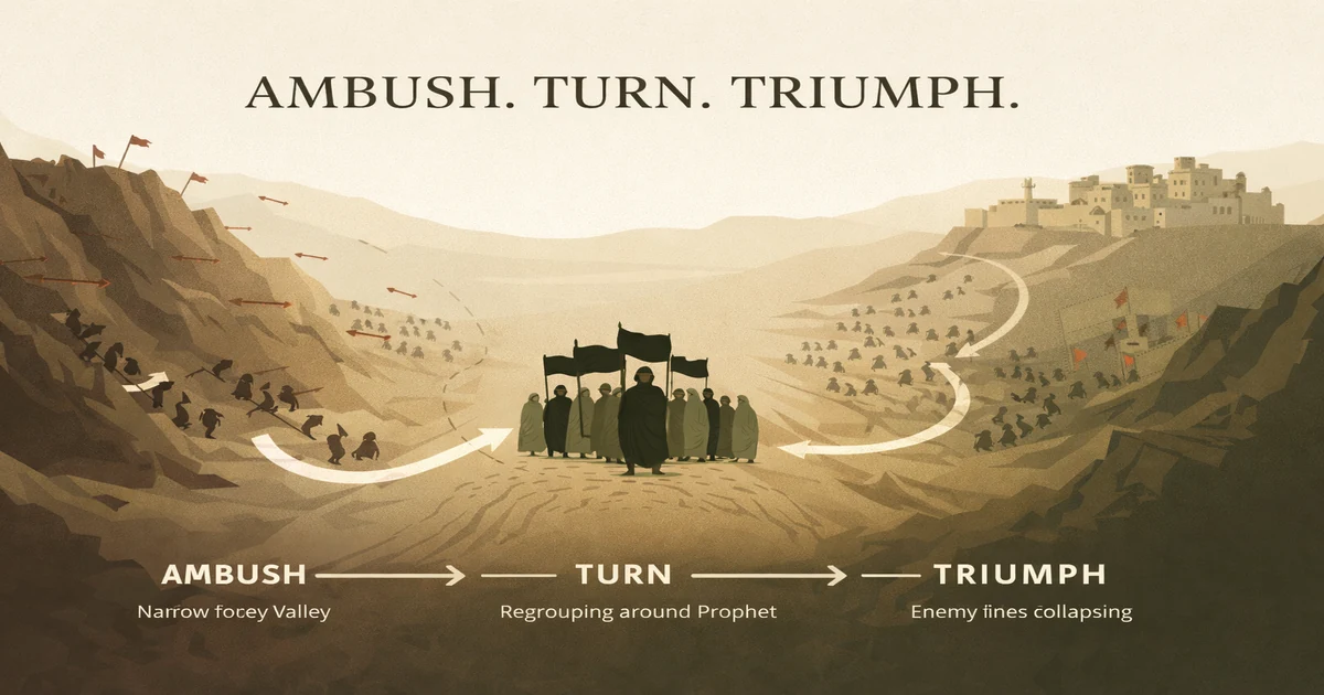 Battle of Hunayn and Taif Events 1 Timeline of Hunayn Valley battle and Taif siege with causes after Makkah, Hawazin Thaqif strategy, Malik ibn Awf decision, regroup moment, Autas retreat, siege tactics like catapult, and key lessons from Surah At-Tawbah 9:25–26