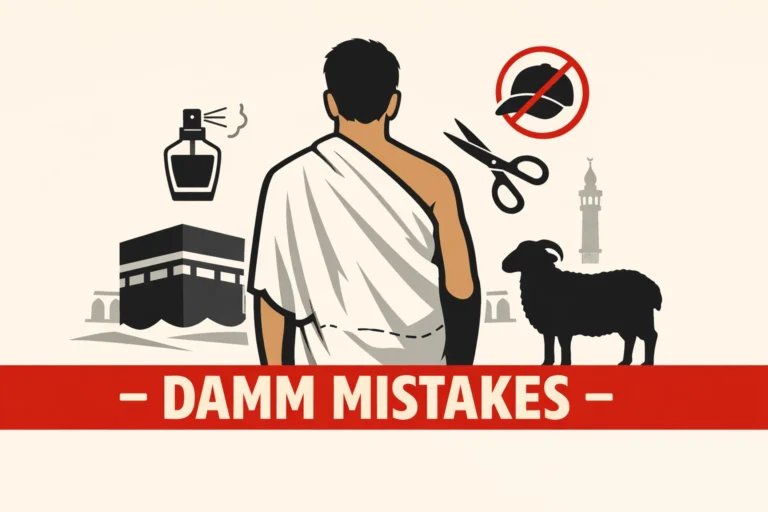 Mistakes About Damm 10 Guide to pilgrimage expiation for ihram violations and missed wajib acts, covering miqat without ihram, perfume use, hair and nails, tawaf and sa’i errors, rami and farewell tawaf, and haram-boundary sacrifice rules