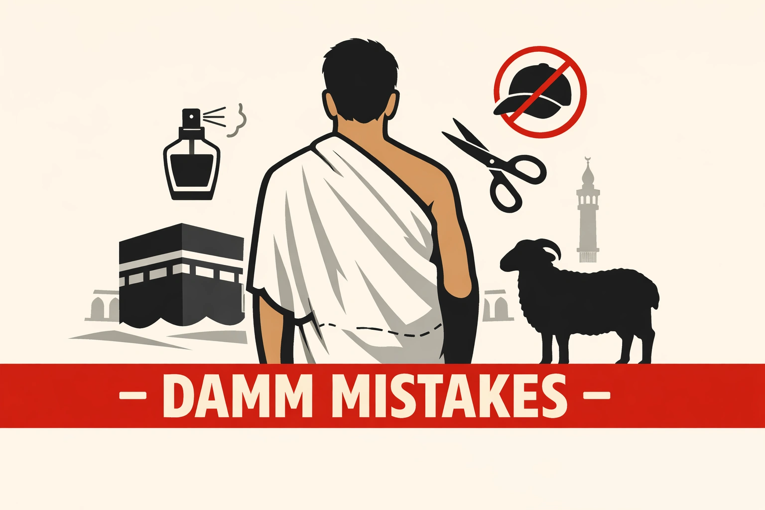 Guide to pilgrimage expiation for ihram violations and missed wajib acts, covering miqat without ihram, perfume use, hair and nails, tawaf and sa’i errors, rami and farewell tawaf, and haram-boundary sacrifice rules