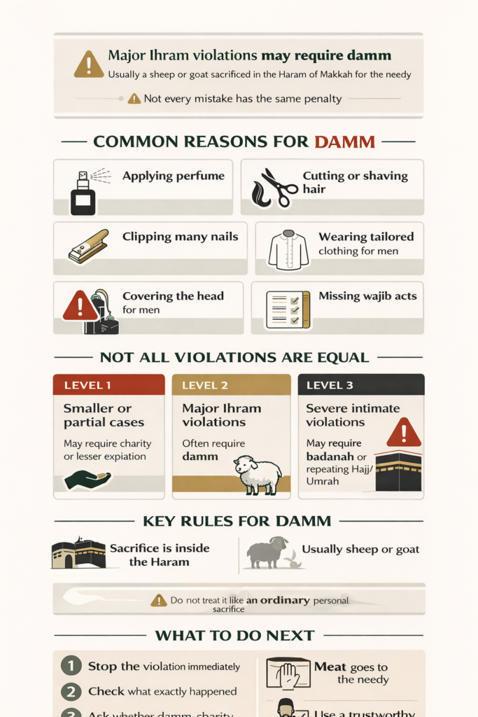 Infographic showing common ihram violations and penalty types: perfume/scented products, hair or nails removal, stitched clothing for men, head covering, crossing miqat, missed wajib acts, and intimacy cases with sacrifice vs charity vs larger expiation