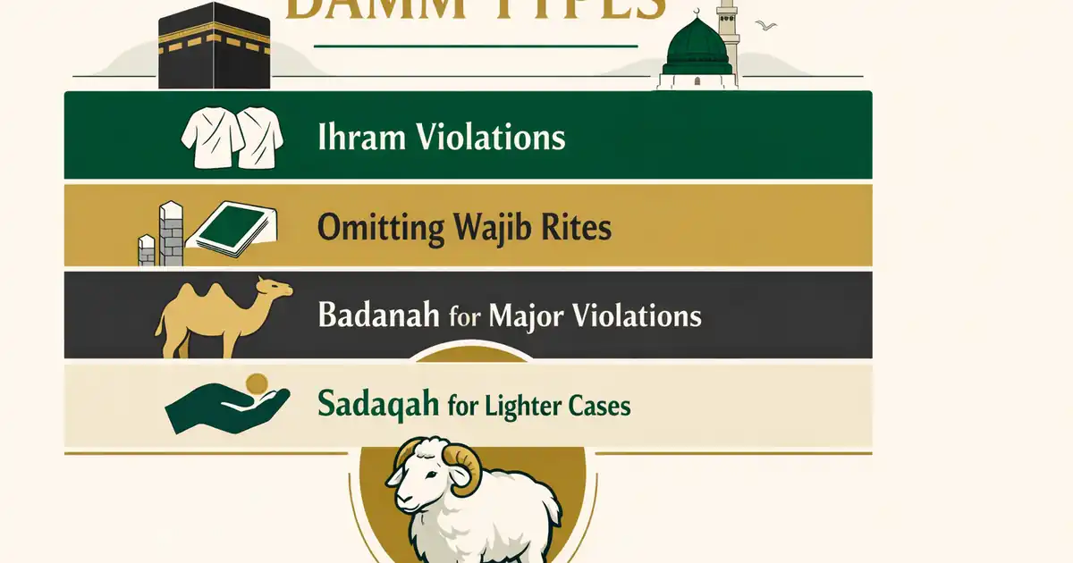 Penalty sacrifice guide for Hajj and Umrah explaining ihram restriction violations, wajib omissions, badanah for major violations, and when fidya or sadaqah applies, including Haram Makkah slaughter rules and Adahi payment steps