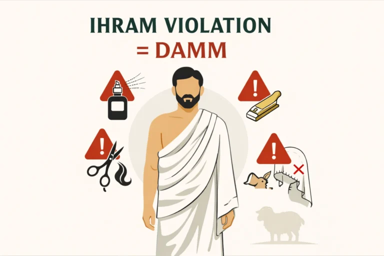 Damm for Violating Ihram 16 Guide to ihram violation penalties in Hajj and Umrah covering sacrifice rules inside the Haram, common triggers like perfume, hair or nails, stitched clothing for men, head covering, miqat entry, missed wajib acts, and intimacy cases