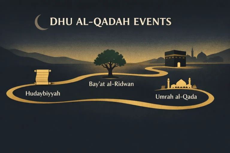 Islamic history timeline covering Hudaybiyyah treaty, Bayat al-Ridwan pledge, Umrah al-Qada return, Prophetic Umrahs, and Ji‘ranah events connected to peace and pilgrimage season (2026)