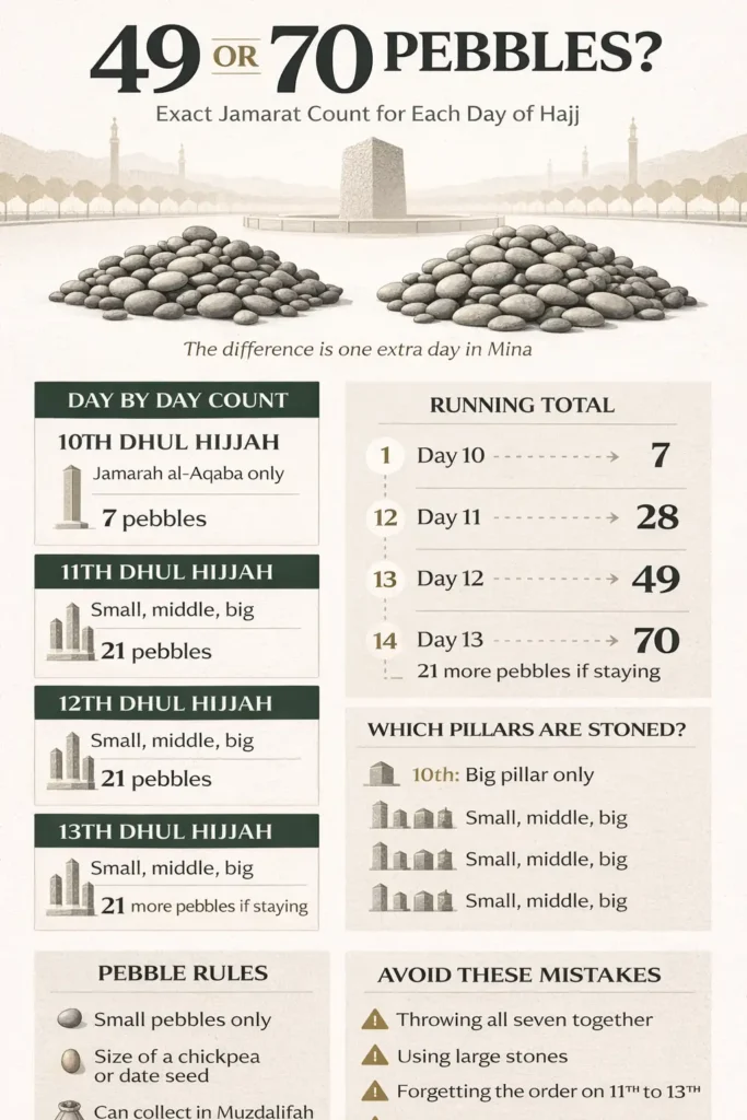 Infographic of Jamarat Rami pebble counts showing 49 vs 70 total, daily breakdown for 10th–13th Dhul Hijjah, three Jamarat order, pebble size guide, and where to collect pebbles in Muzdalifah or Mina (2026)
