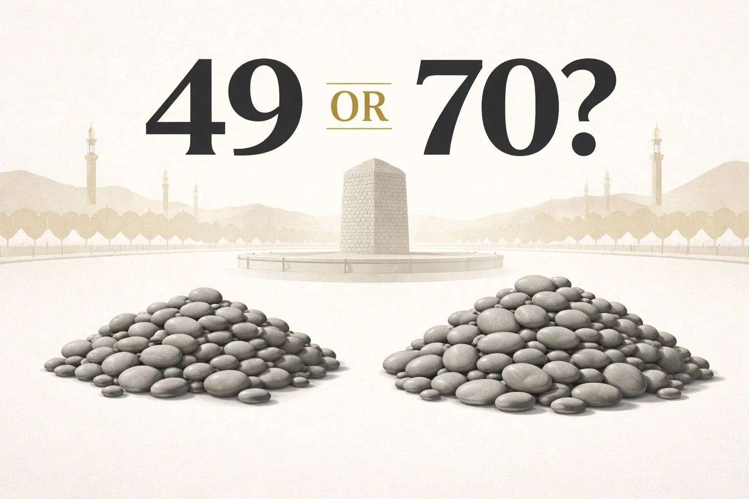 Jamarat stoning guide showing total pebble count 49 vs 70, daily Rami breakdown (10th–13th Dhul Hijjah), Jamarah order, pebble size, where to collect in Muzdalifah or Mina, and safety timing tips (2026)
